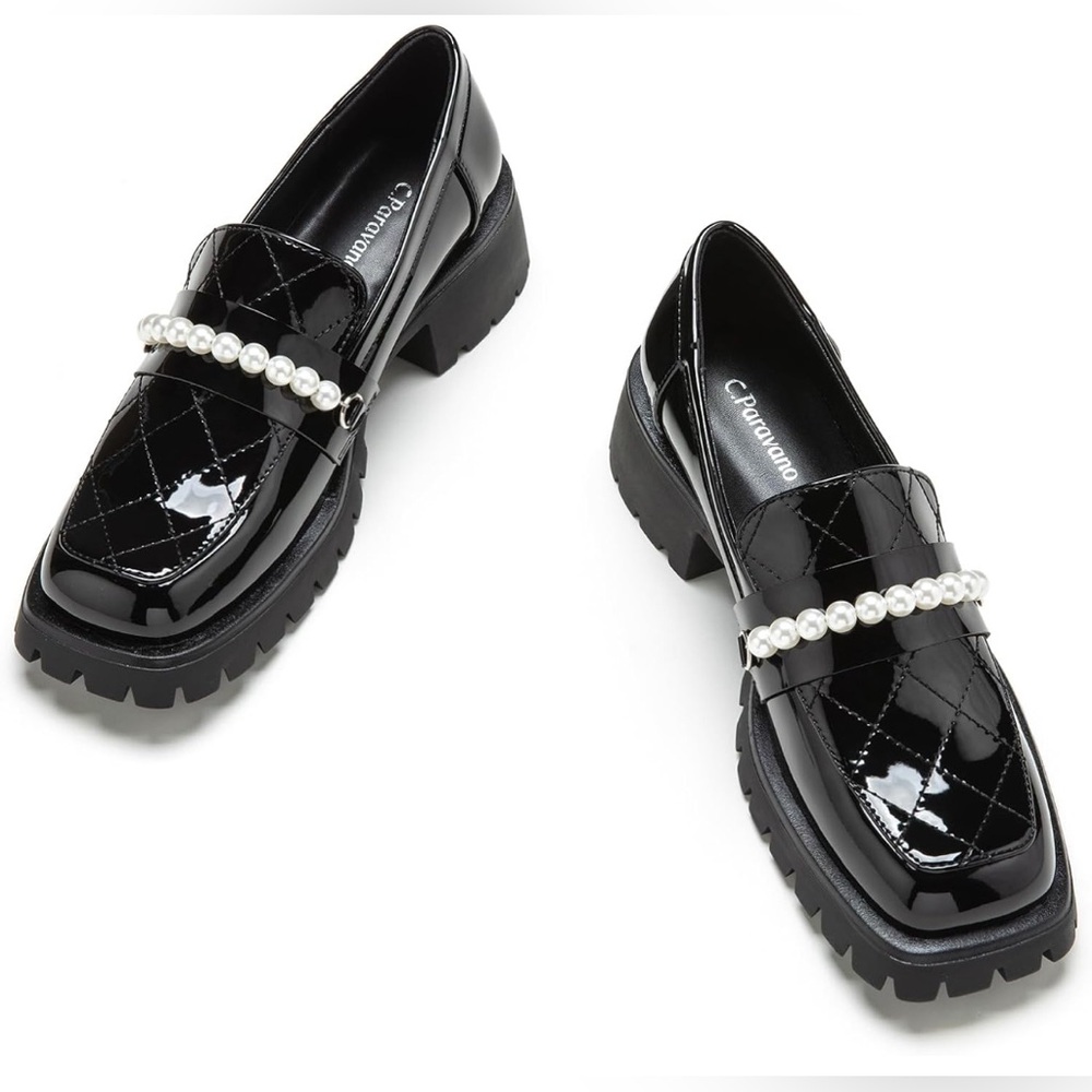 C.Paravano Chic Black Loafers with Pearl Detail